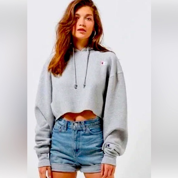 Champion Tops - Champion Women's Grey Cropped Hoodie Medium Oversized
